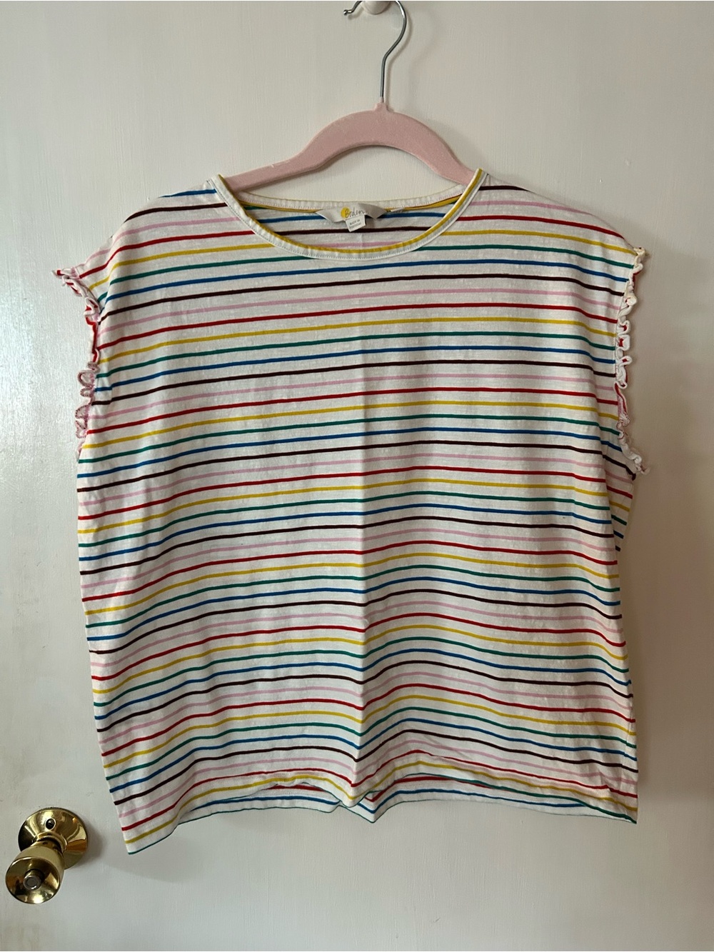 Boden Multicolor Striped Tee - White with Blue, Yellow, Pink & Red Stripes